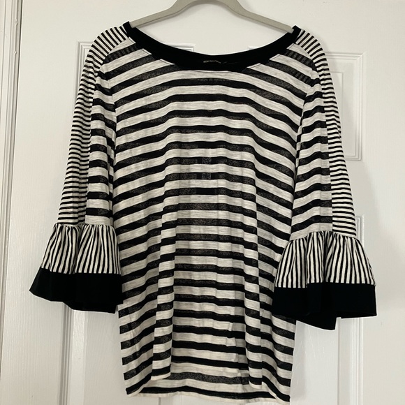 Kobi Halperin Size L  Black White Stripped Finn Top 3/4 Bell Sleeve Sheer - Picture 1 of 6